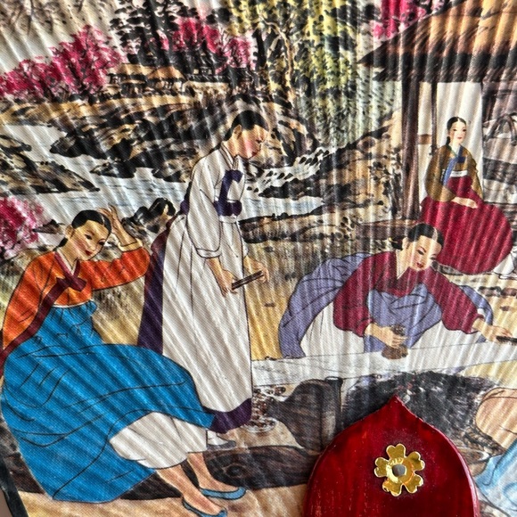 Vintage Asian Japanese Wooden Non-folding Fan Beautiful Paintings on Both Sides - Picture 4 of 9